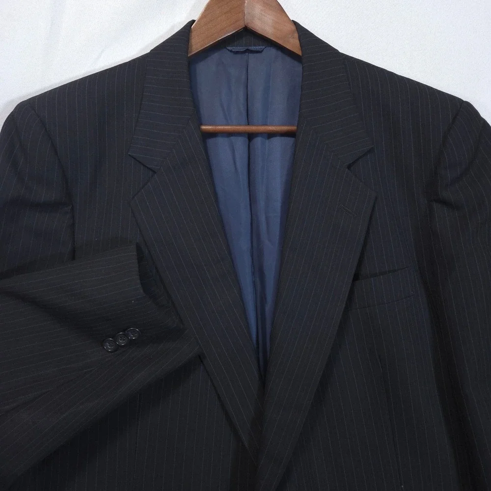 Vtg Sussex 100% Pure Wool Blazer Mens 46L Pinstripe Two Button Black Jacket 80s